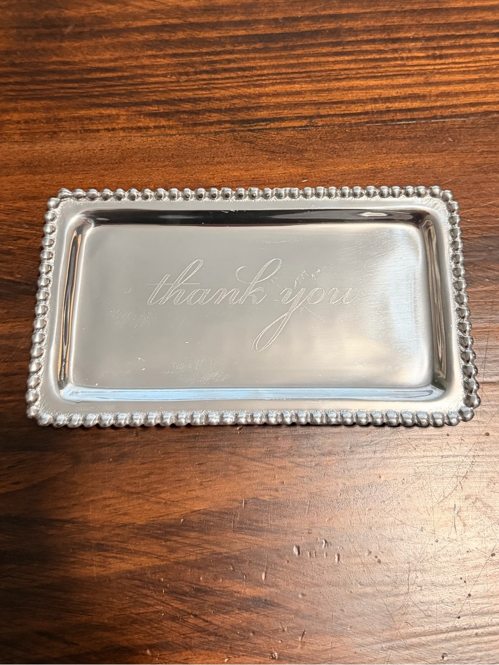 Mariposa-Silver 'Thank You' Beaded Edge Trinket Tray
